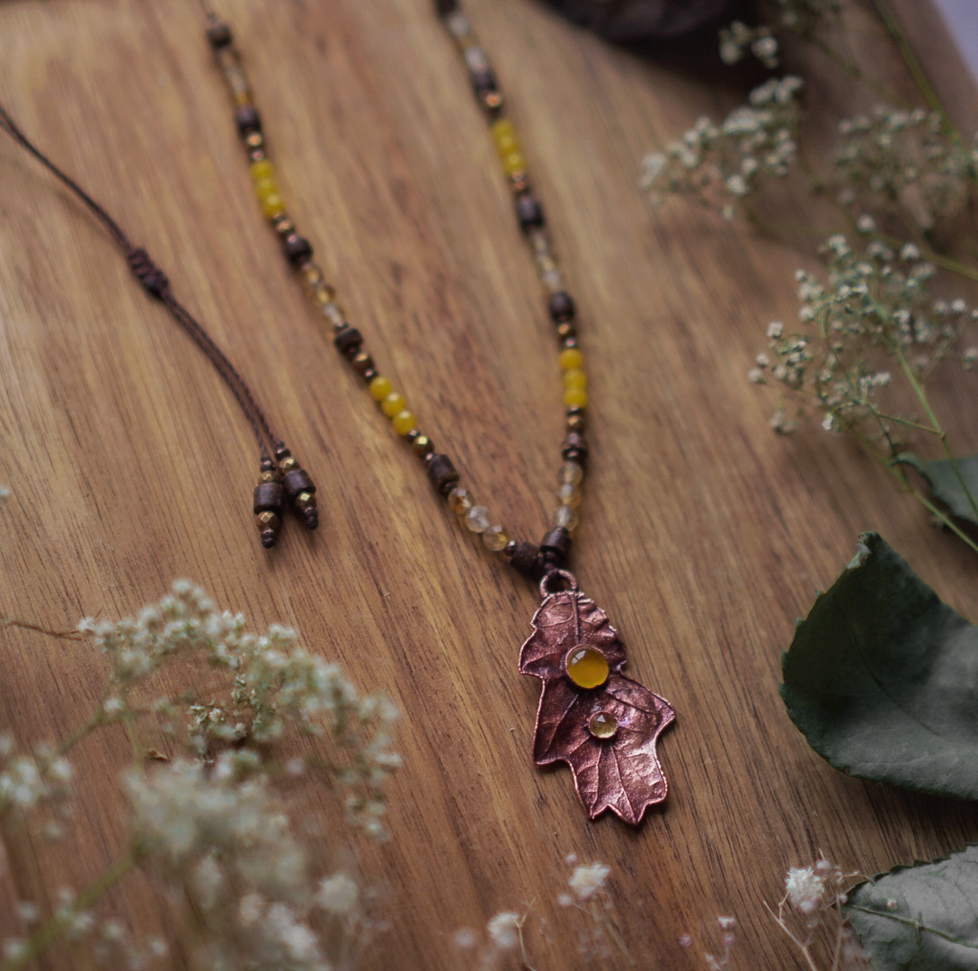 Naszyjnik Natury - Dębowy Liść z Cytrynem, Agatem