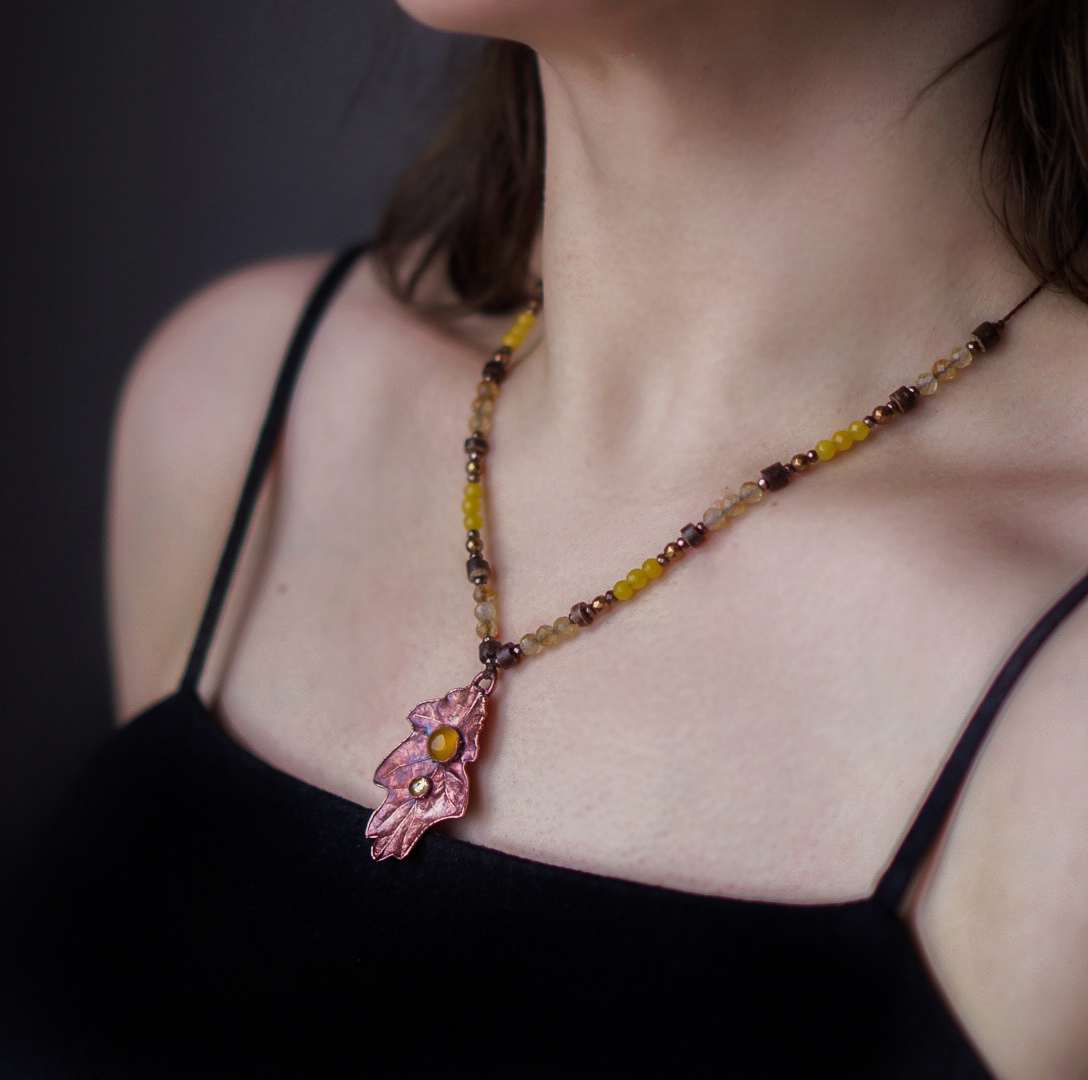 Naszyjnik Natury - Dębowy Liść z Cytrynem, Agatem - obrazek 3