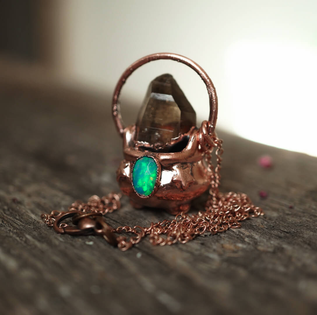 Naszyjnik Kociołek Czarownicy z Kwarcem Dymnym i Opalem - obrazek 5