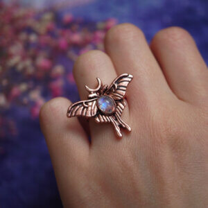 Copper ring with moth and moonstone size 14